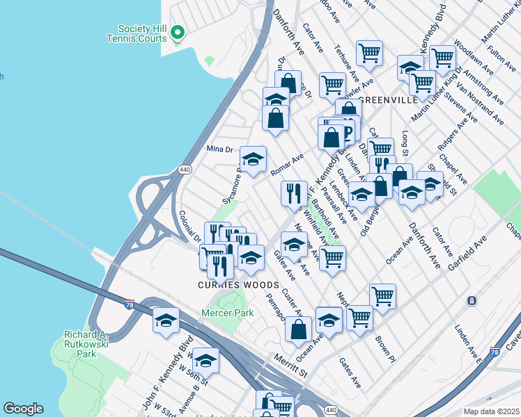 map of restaurants, bars, coffee shops, grocery stores, and more near 257 Seaview Avenue in Jersey City