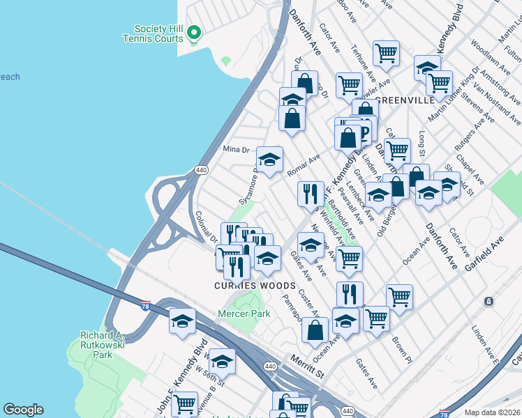 map of restaurants, bars, coffee shops, grocery stores, and more near 284 Custer Avenue in Jersey City