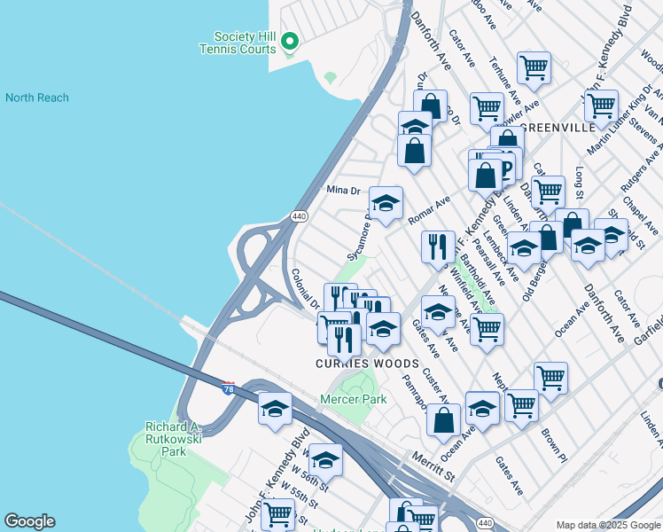 map of restaurants, bars, coffee shops, grocery stores, and more near 1 Crossgate Road in Jersey City