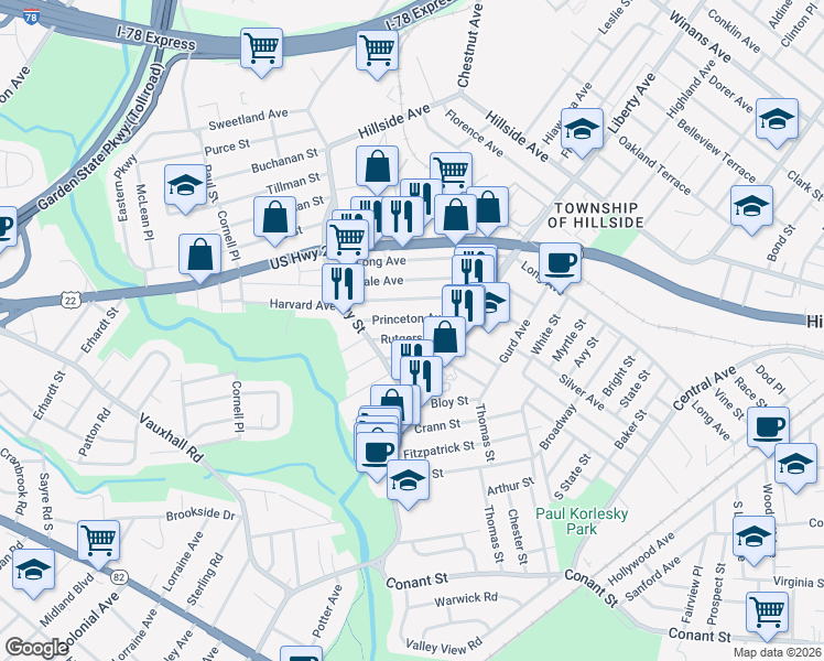 map of restaurants, bars, coffee shops, grocery stores, and more near 397 Rutgers Avenue in Hillside