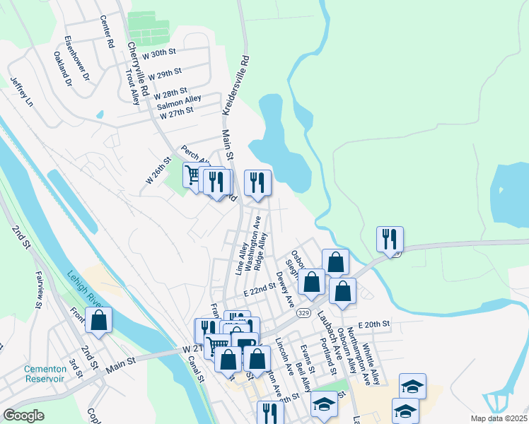 map of restaurants, bars, coffee shops, grocery stores, and more near 2393 Washington Avenue in Northampton