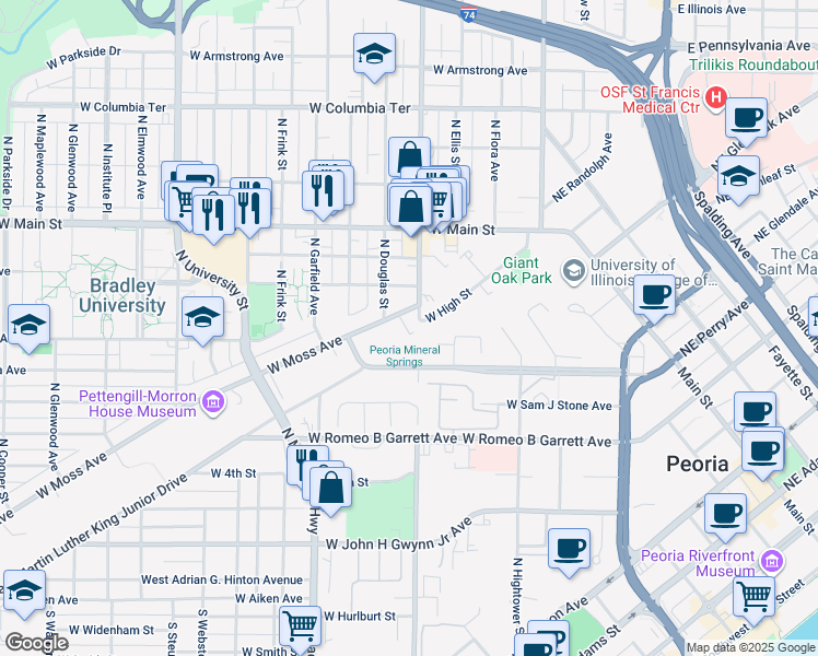 map of restaurants, bars, coffee shops, grocery stores, and more near 710 West Moss Avenue in Peoria