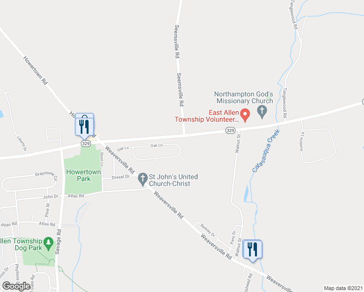map of restaurants, bars, coffee shops, grocery stores, and more near 68 Oak Lane in Northampton