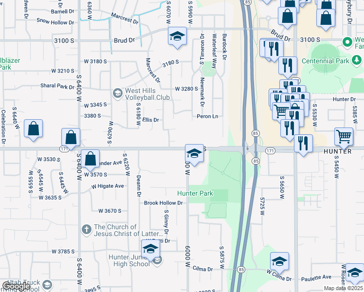 map of restaurants, bars, coffee shops, grocery stores, and more near 6022 West 3500 South in West Valley City