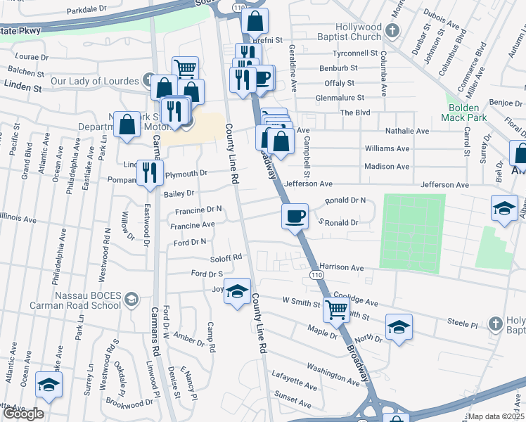 map of restaurants, bars, coffee shops, grocery stores, and more near 10 Francine Avenue in Amityville