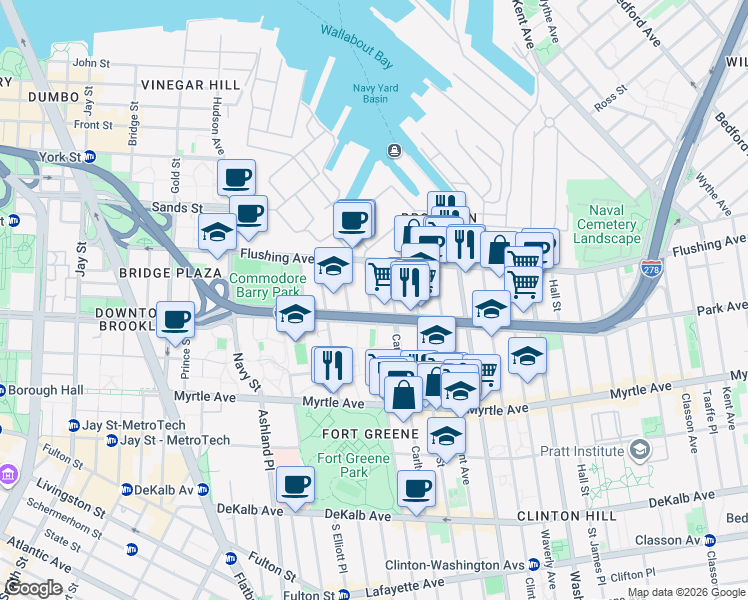 map of restaurants, bars, coffee shops, grocery stores, and more near 139 Park Avenue in Brooklyn