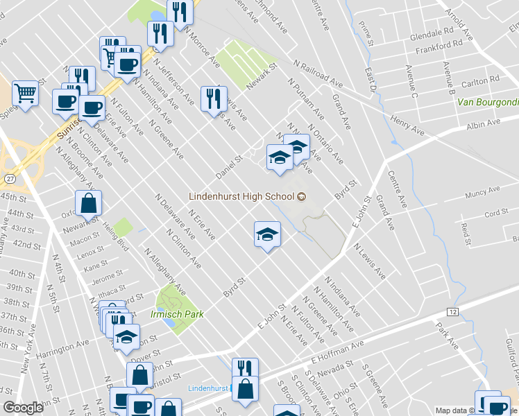map of restaurants, bars, coffee shops, grocery stores, and more near 396 North Hamilton Avenue in Lindenhurst