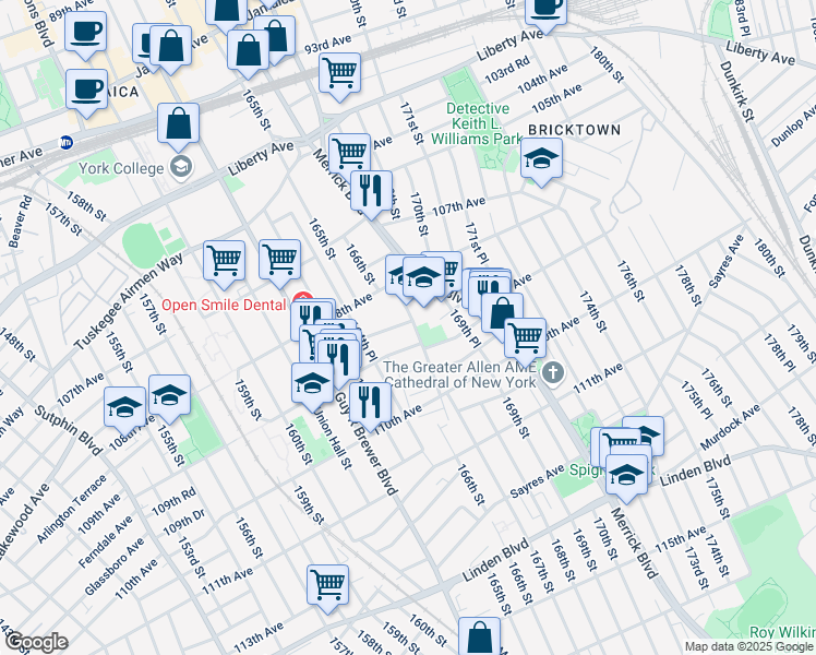 map of restaurants, bars, coffee shops, grocery stores, and more near 108-48 167th Street in Queens