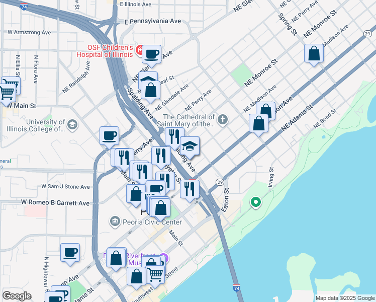 map of restaurants, bars, coffee shops, grocery stores, and more near 401 Northeast Madison Avenue in Peoria