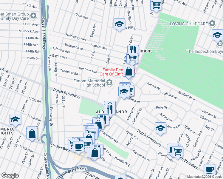 map of restaurants, bars, coffee shops, grocery stores, and more near 555 Ridge Road in Elmont
