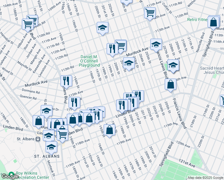 map of restaurants, bars, coffee shops, grocery stores, and more near 115-39 198th Street in Queens
