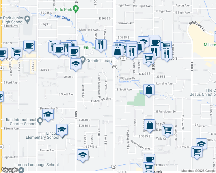 map of restaurants, bars, coffee shops, grocery stores, and more near 3431-3433 South Riviera Drive in South Salt Lake