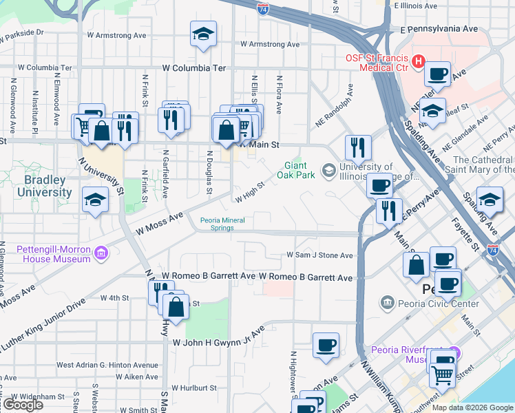 map of restaurants, bars, coffee shops, grocery stores, and more near 527 West Hillyer Place in Peoria