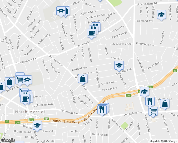 map of restaurants, bars, coffee shops, grocery stores, and more near 1967 Decatur Avenue in North Bellmore