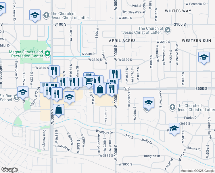 map of restaurants, bars, coffee shops, grocery stores, and more near in Magna