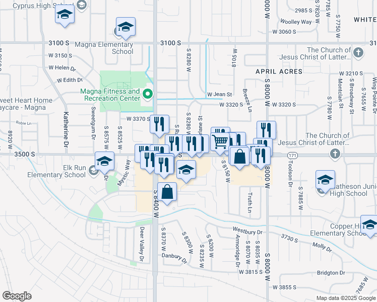 map of restaurants, bars, coffee shops, grocery stores, and more near 8284 W 3500 S in Magna