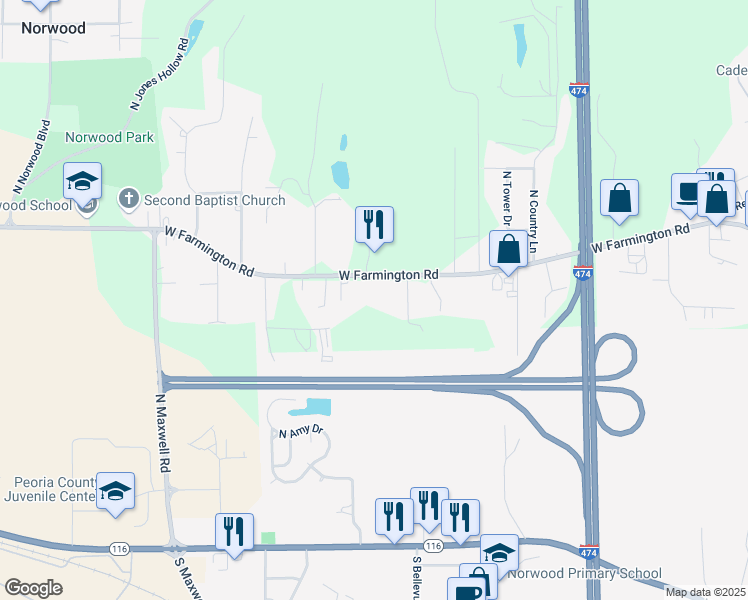 map of restaurants, bars, coffee shops, grocery stores, and more near 5802 W Farmington Rd in Peoria
