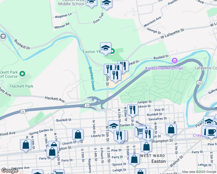 map of restaurants, bars, coffee shops, grocery stores, and more near 641 North 13th Street in Easton