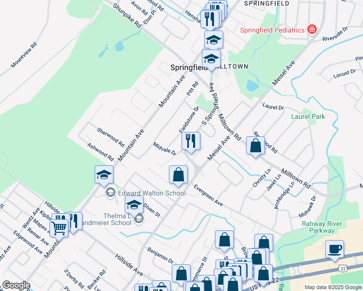 map of restaurants, bars, coffee shops, grocery stores, and more near 249 South Springfield Avenue in Springfield