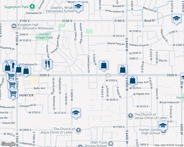 map of restaurants, bars, coffee shops, grocery stores, and more near 6656 West 3500 South in West Valley City