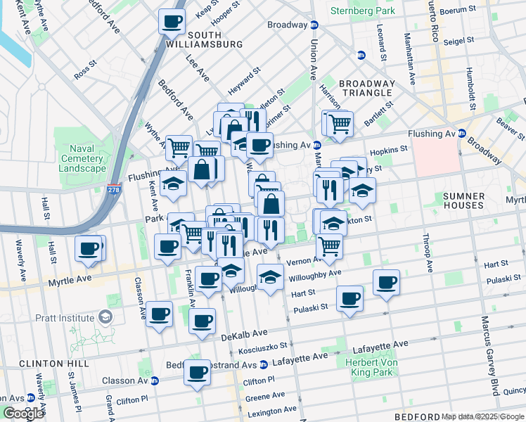 map of restaurants, bars, coffee shops, grocery stores, and more near 544 Park Avenue in Brooklyn
