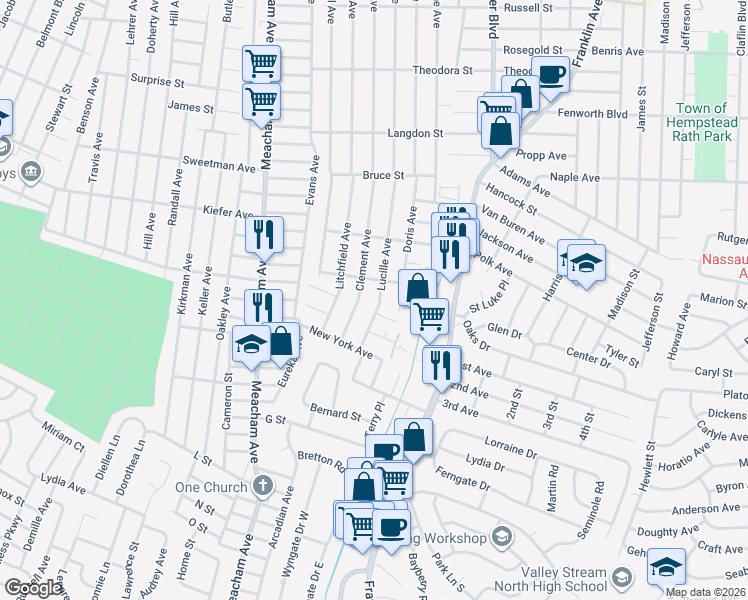 map of restaurants, bars, coffee shops, grocery stores, and more near 430 Lucille Avenue in Elmont