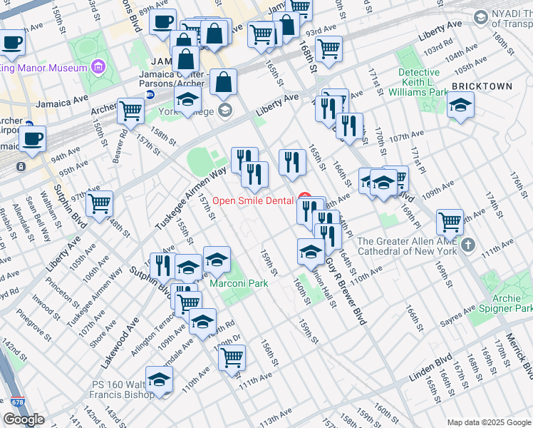 map of restaurants, bars, coffee shops, grocery stores, and more near 107-23 160th Street in Queens
