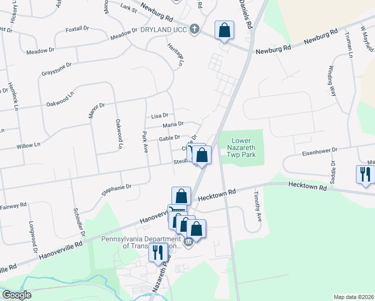 map of restaurants, bars, coffee shops, grocery stores, and more near 4435 Circle Drive in Bethlehem