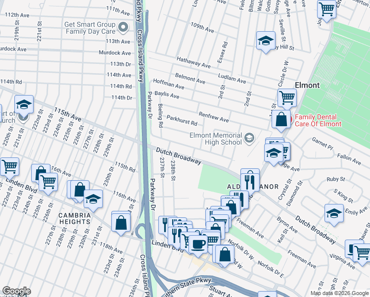 map of restaurants, bars, coffee shops, grocery stores, and more near 2284 Dutch Broadway in Elmont