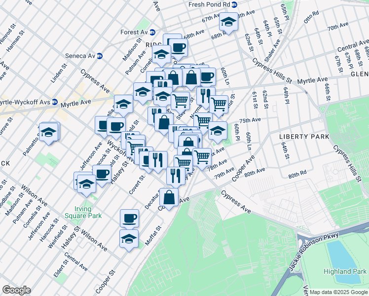 map of restaurants, bars, coffee shops, grocery stores, and more near 10-76 Cypress Avenue in Queens