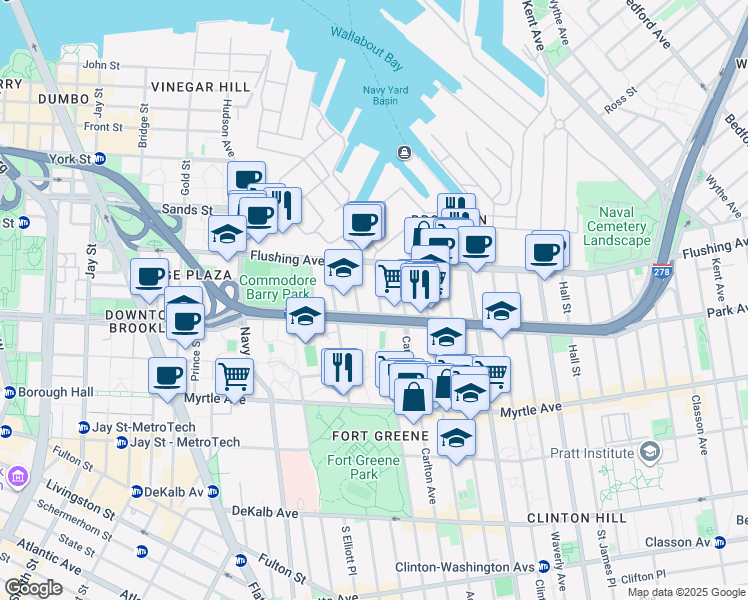 map of restaurants, bars, coffee shops, grocery stores, and more near 44 Cumberland Street in Brooklyn