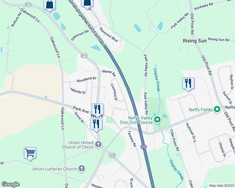 map of restaurants, bars, coffee shops, grocery stores, and more near 5743 Crescent Drive in Schnecksville