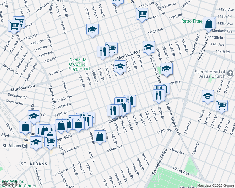 map of restaurants, bars, coffee shops, grocery stores, and more near 115-45 200th Street in Queens