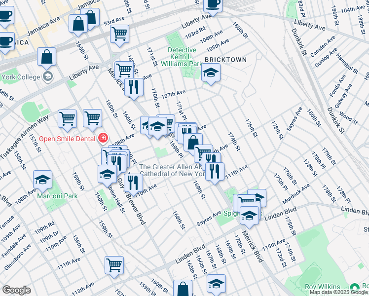 map of restaurants, bars, coffee shops, grocery stores, and more near 10916 Merrick Boulevard in Queens