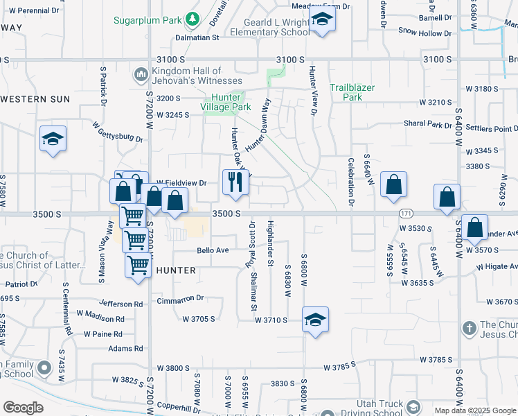 map of restaurants, bars, coffee shops, grocery stores, and more near 6919 Ashby Way in West Valley City