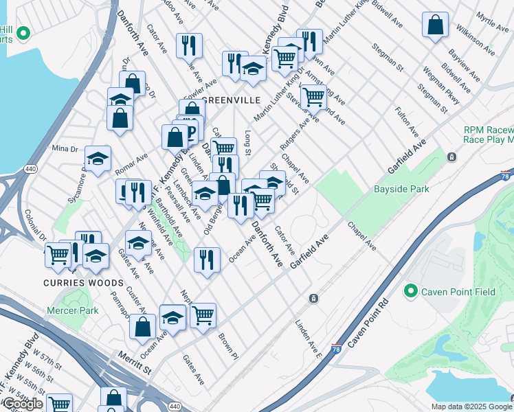 map of restaurants, bars, coffee shops, grocery stores, and more near 129 Cator Avenue in Jersey City