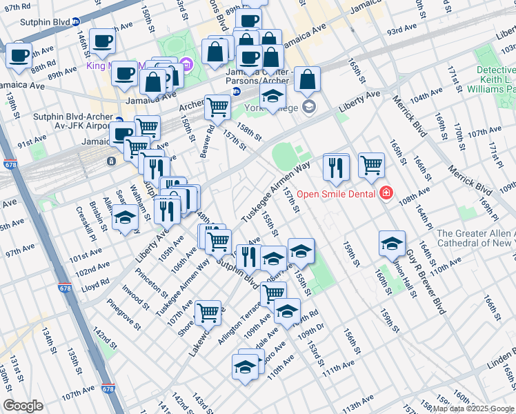 map of restaurants, bars, coffee shops, grocery stores, and more near Tuskegee Airmen Way in Queens