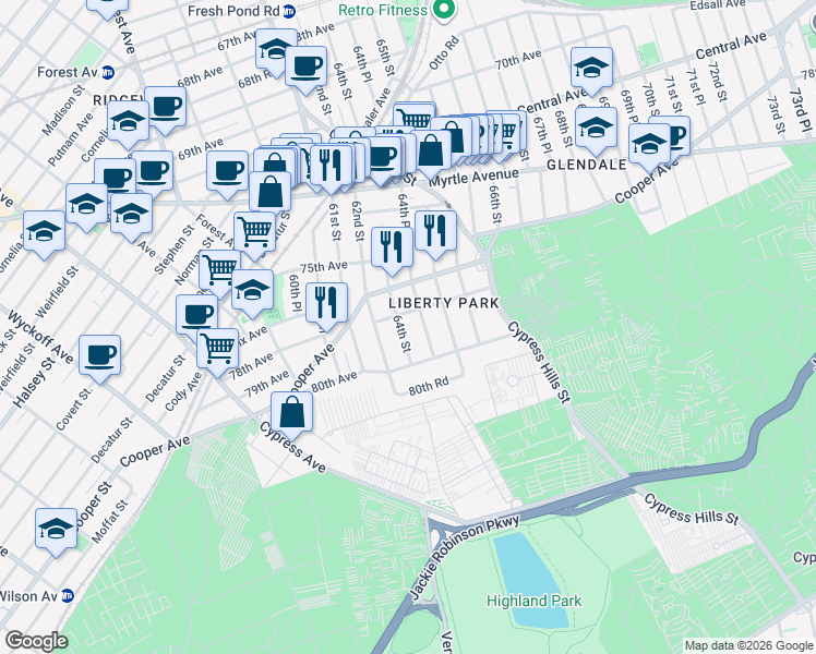 map of restaurants, bars, coffee shops, grocery stores, and more near 78-20 64th Street in Queens