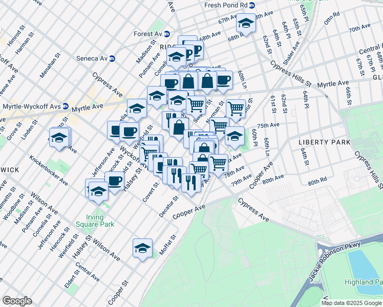 map of restaurants, bars, coffee shops, grocery stores, and more near 10-76 Cypress Avenue in Queens