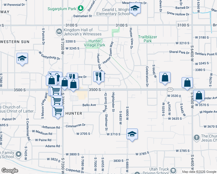 map of restaurants, bars, coffee shops, grocery stores, and more near 6919 Ashby Way in West Valley City