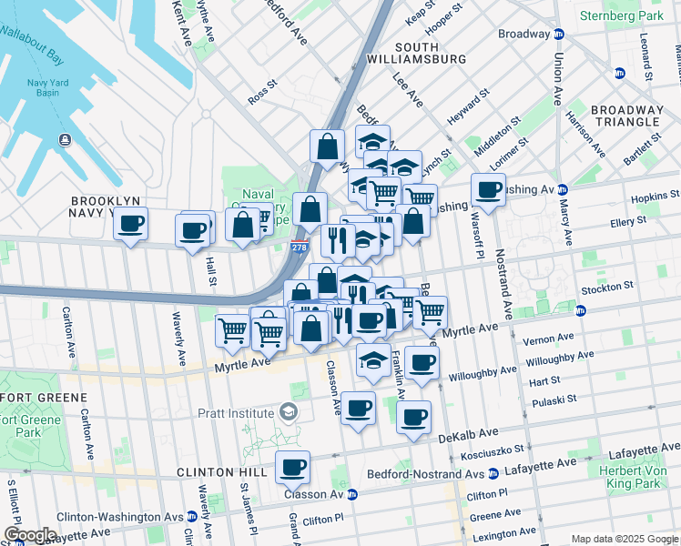 map of restaurants, bars, coffee shops, grocery stores, and more near 413 Park Avenue in Brooklyn