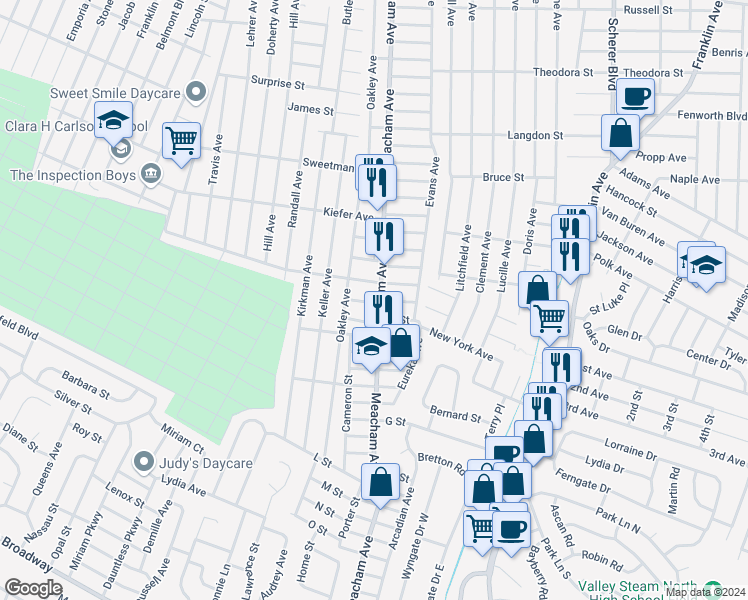 map of restaurants, bars, coffee shops, grocery stores, and more near 1337 Star Avenue in Elmont