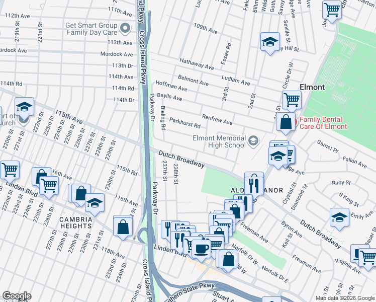 map of restaurants, bars, coffee shops, grocery stores, and more near 2284 Dutch Broadway in Elmont