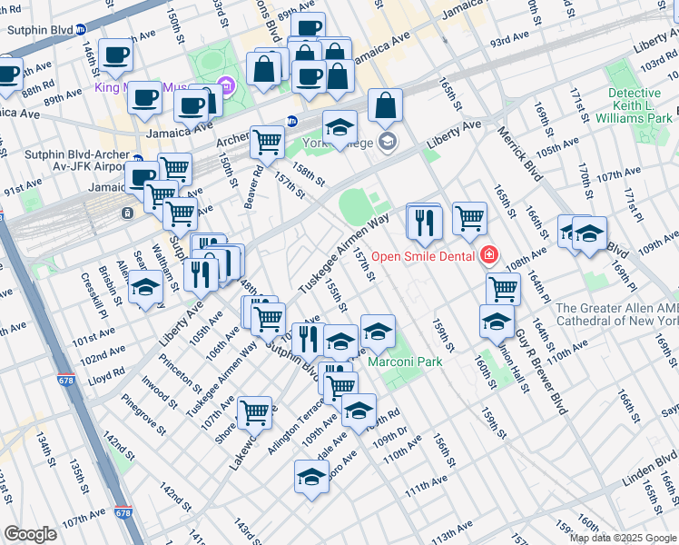 map of restaurants, bars, coffee shops, grocery stores, and more near 106-15 155th Street in Queens