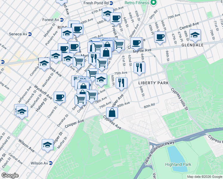 map of restaurants, bars, coffee shops, grocery stores, and more near 60-11 78th Avenue in Queens