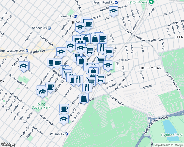 map of restaurants, bars, coffee shops, grocery stores, and more near 10-76 Cypress Avenue in Queens