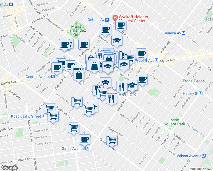 map of restaurants, bars, coffee shops, grocery stores, and more near 155 Bleecker Street in Brooklyn