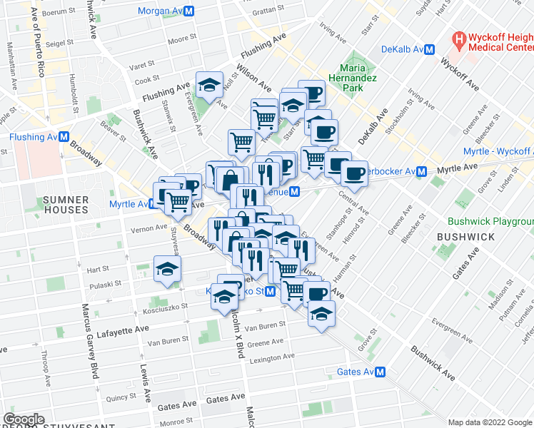 map of restaurants, bars, coffee shops, grocery stores, and more near in Brooklyn