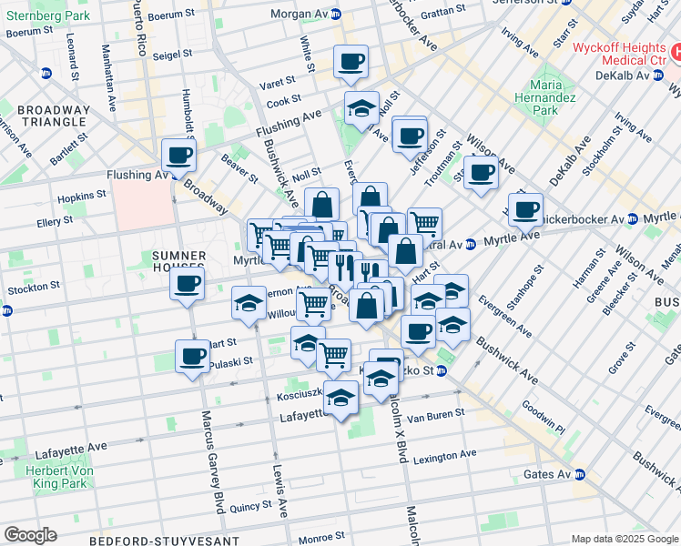 map of restaurants, bars, coffee shops, grocery stores, and more near 12 Ditmars Street in Brooklyn