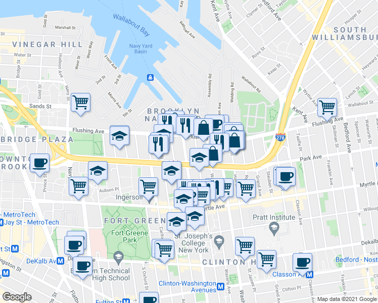 map of restaurants, bars, coffee shops, grocery stores, and more near 235 Park Avenue in Brooklyn